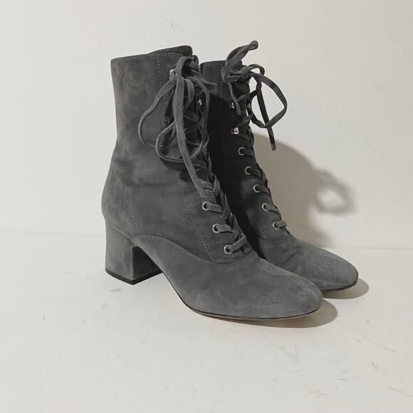 Gianvito Rossi Gray Suede Lace Up Boots Mackay Low Block Heel Ankle Zip sz 38 - Picture 12 of 13